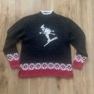Vintage Christopher & Banks Ski Sweater Small Black Red White Nordic Knit Silk
